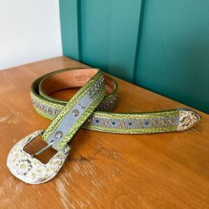 Ariat Women’s Suede Dusty Blue Green Leather Heavily Beaded Chartreuse Stone Bel